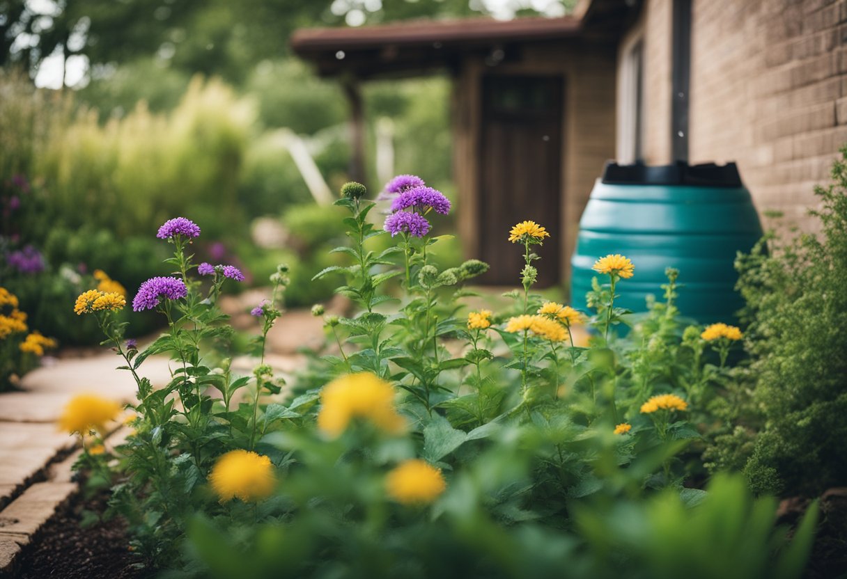 A lush, vibrant Texas yard with native plants, a rain barrel, and a drip irrigation system conserving water