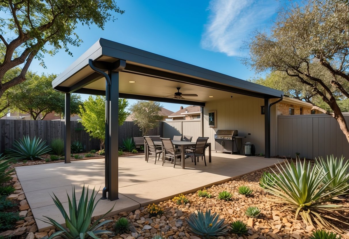 Eco-friendly patio cover providing shade in a Texas backyard, with natural materials and greenery for sustainable outdoor comfort.