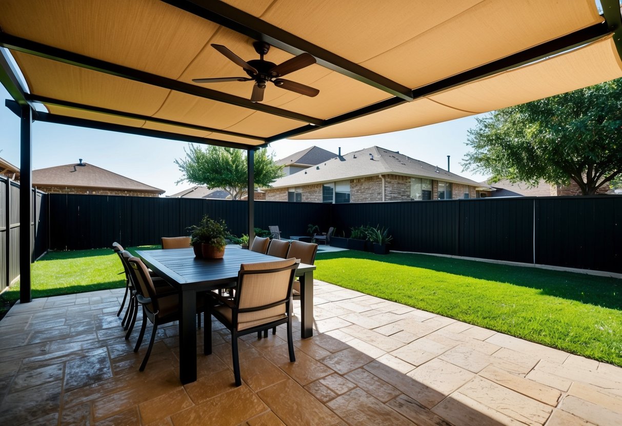 A sunny patio with a variety of eco-friendly cover materials, such as bamboo, recycled plastic, and fabric, providing shade in a Texas backyard