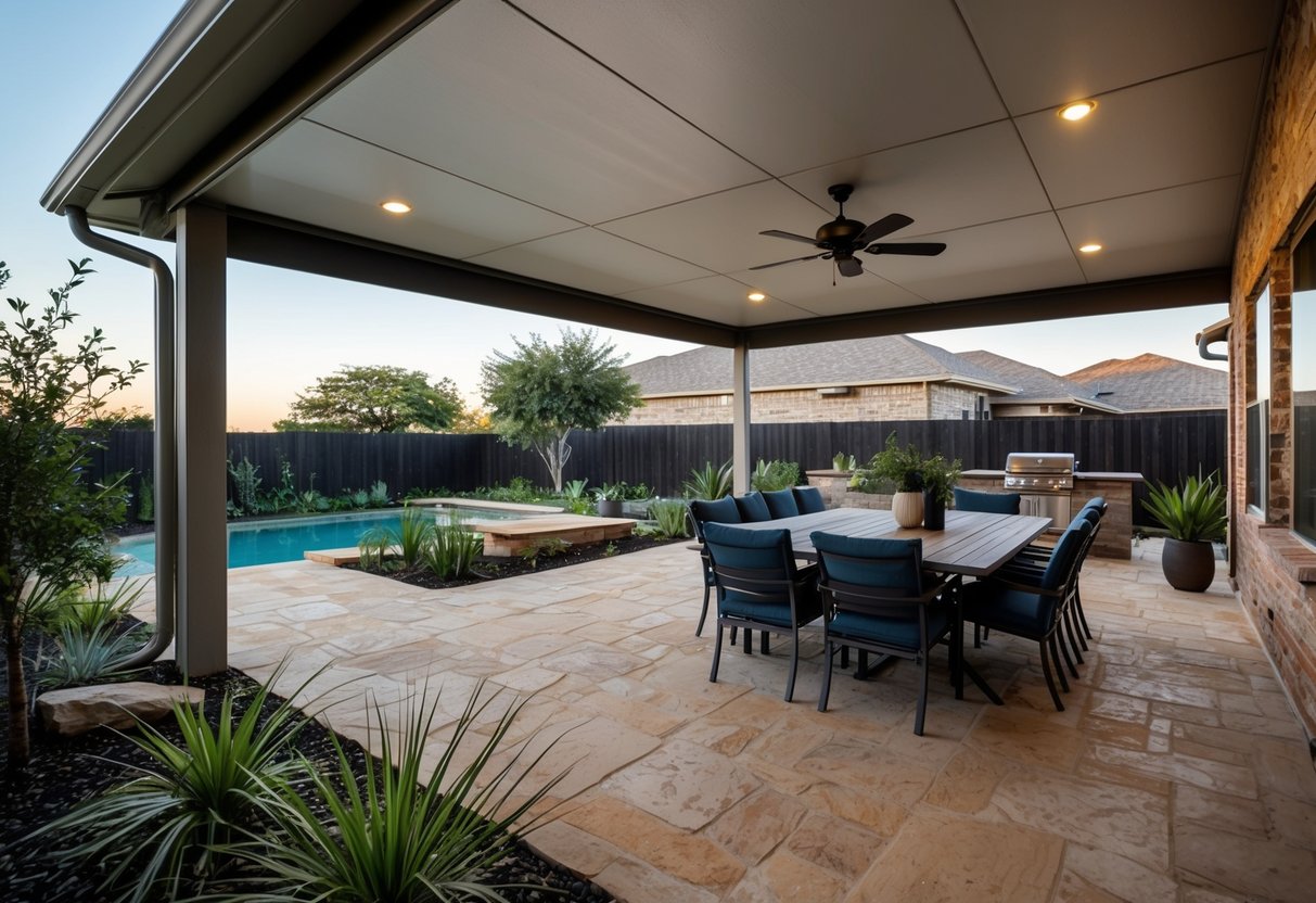 A patio cover made of sustainable materials, providing shade for a Texas backyard, surrounded by native plants and incorporating eco-friendly design elements