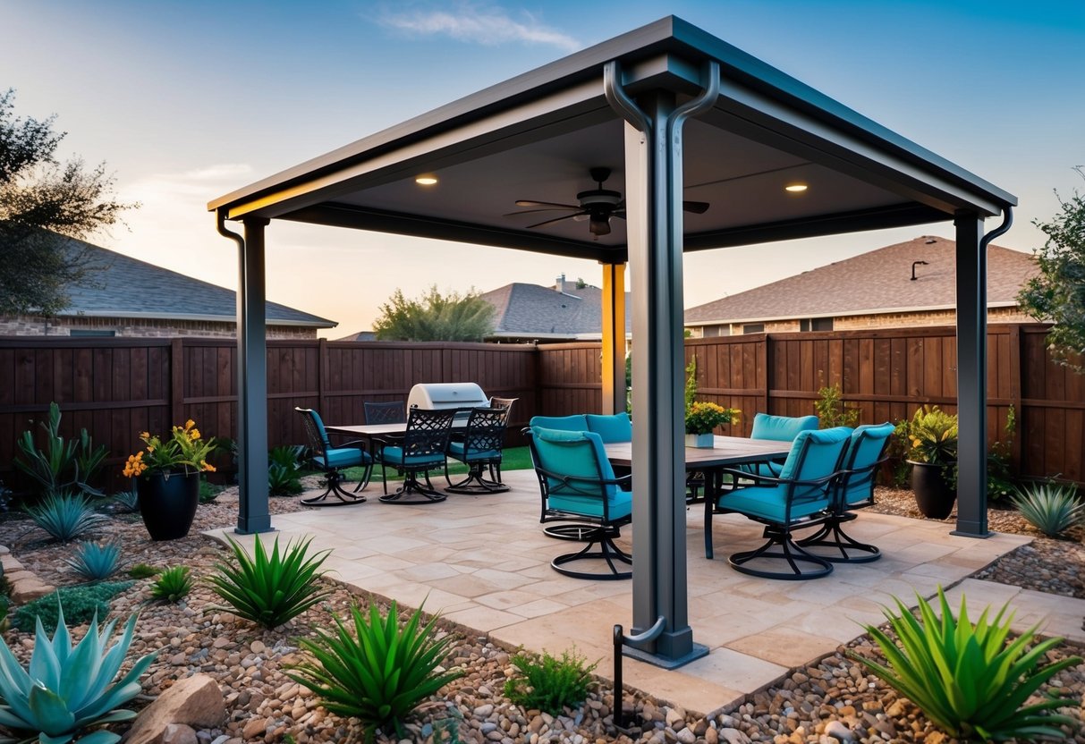 A sturdy, eco-friendly patio cover shields a Texas backyard from the intense sun, surrounded by native plants and resilient outdoor furniture