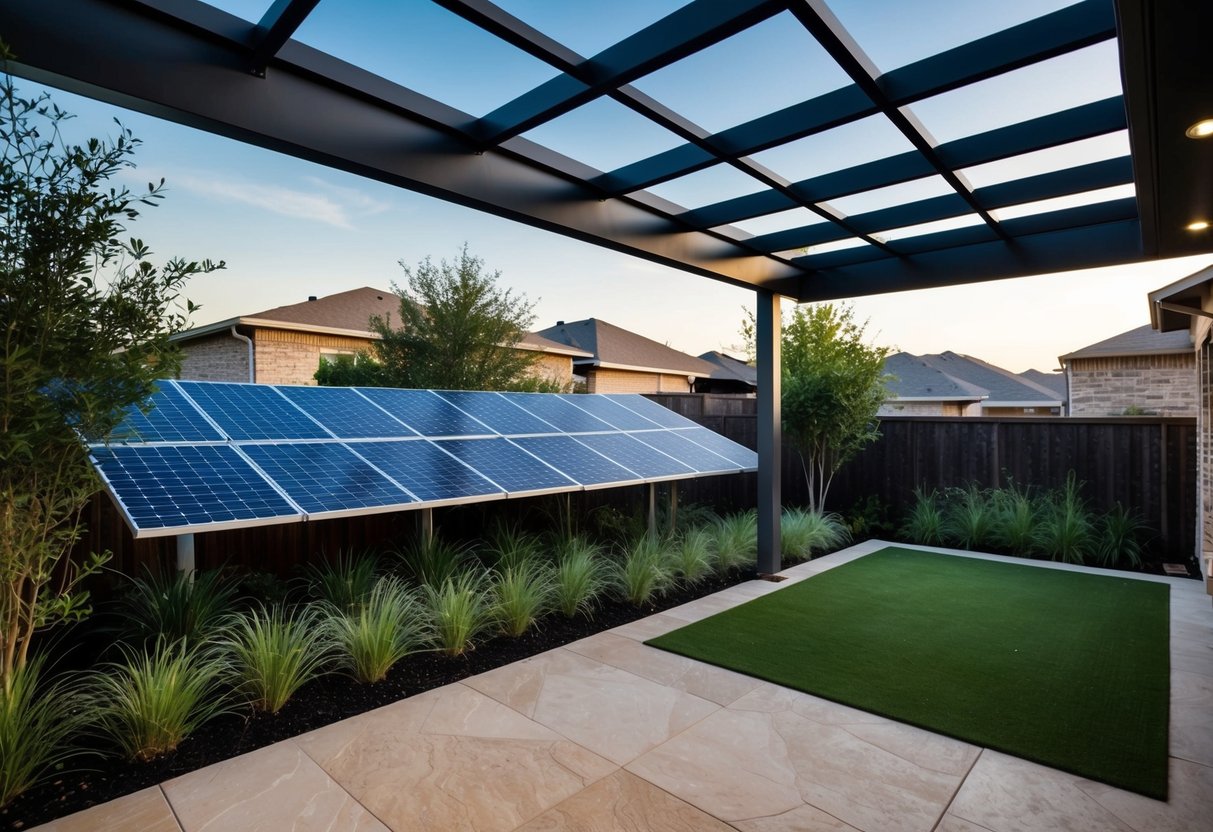 A modern, eco-friendly patio cover shades a Texas backyard. Solar panels and lush greenery enhance the sustainable design