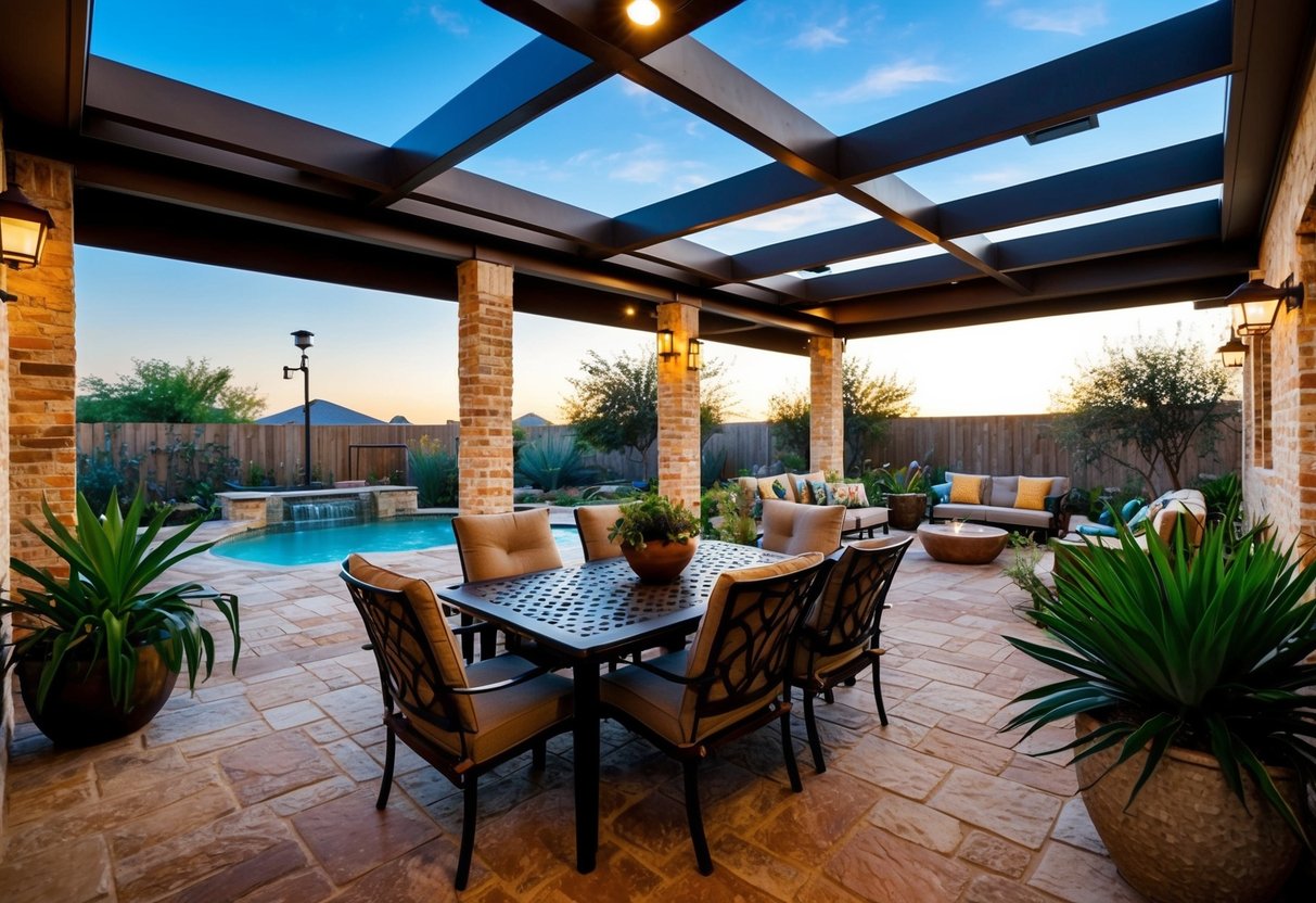 A Texas patio with eco-friendly covers, surrounded by native plants and solar-powered lighting