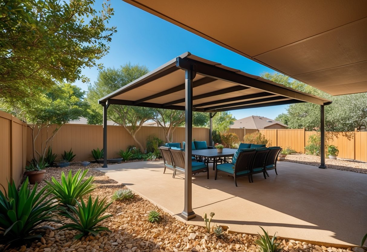 A sunny Texas backyard with a large eco-friendly patio cover providing shade. Native plants and a warm color palette complement the natural setting