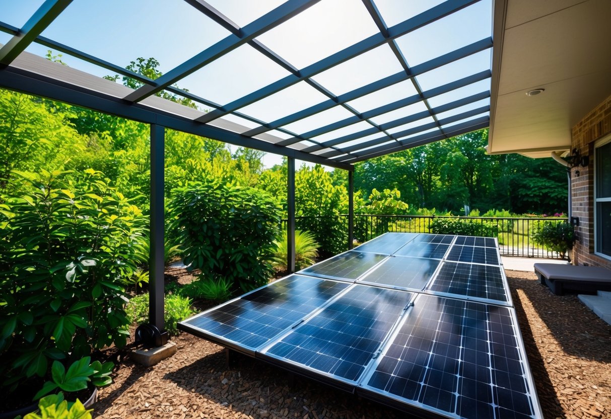 A patio cover with roof louvers open to provide shade, surrounded by lush greenery and solar panels for eco-friendly energy