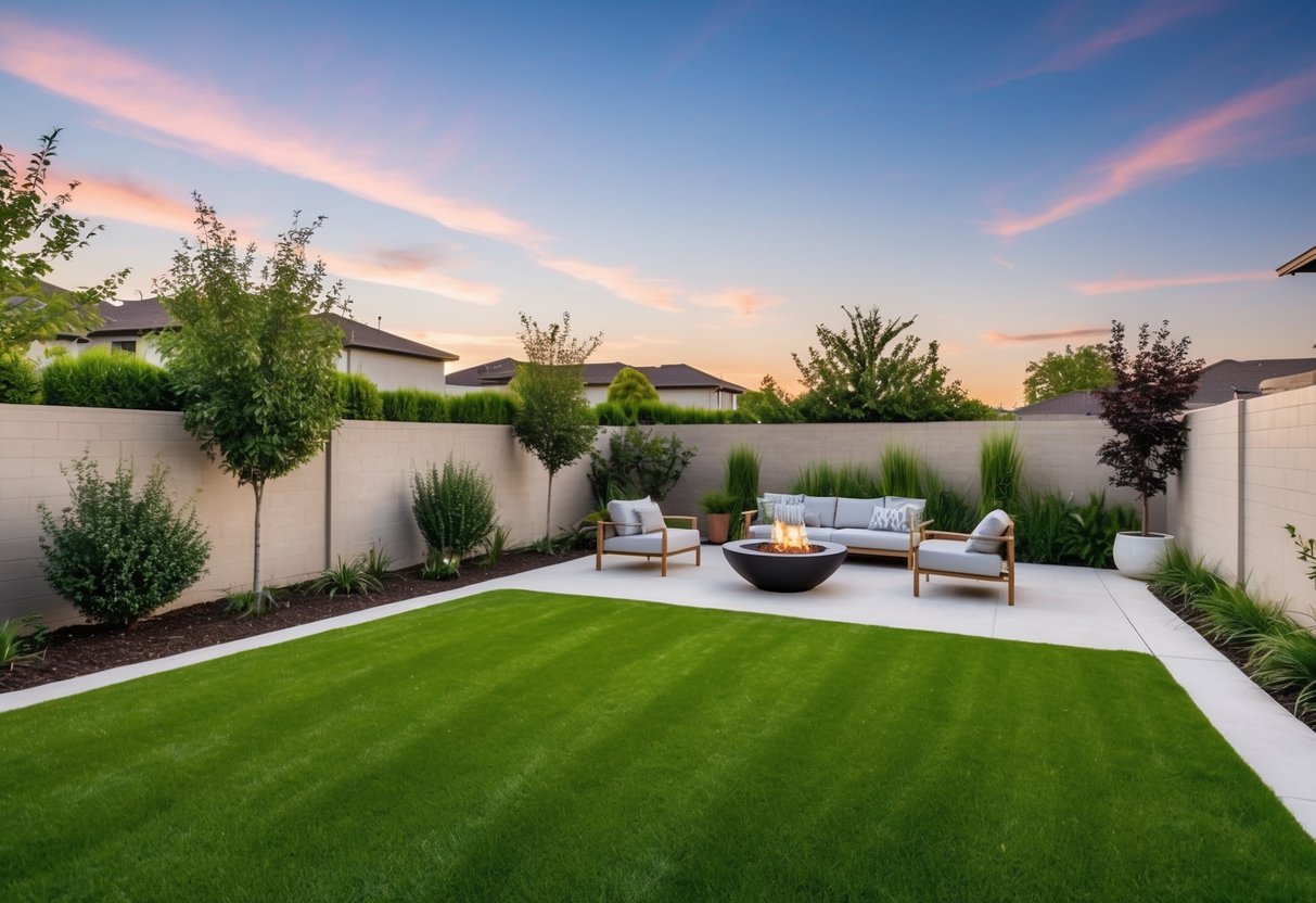 DFW backyard with low-maintenance landscaping, potted plants, seating area, and fire pit for easy-care outdoor living