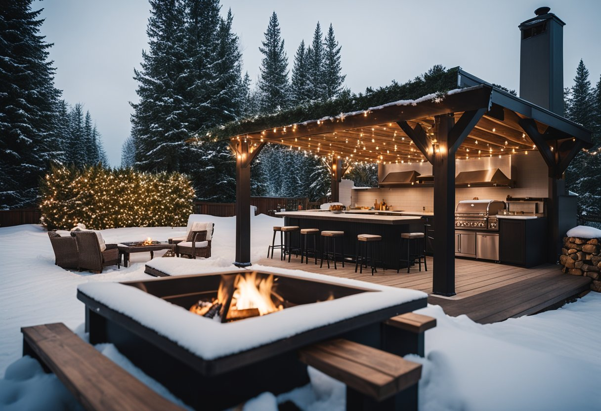 Outdoor kitchen prepared for winter with heaters, cozy seating, and weatherproof covers in Dallas, TX.