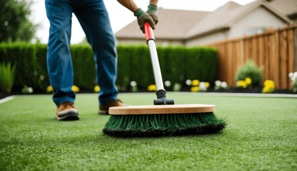 Brushing artificial turf with a stiff-bristled broom to maintain its natural appearance in a Dallas backyard.