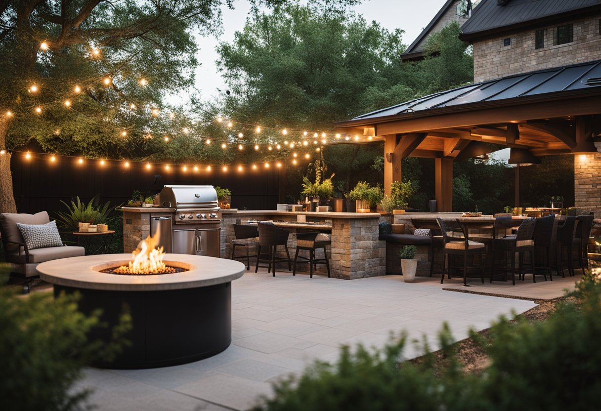 A cozy outdoor kitchen in Dallas, TX with a modern fire pit and heated seating, surrounded by lush greenery and string lights for a warm and inviting winter gathering