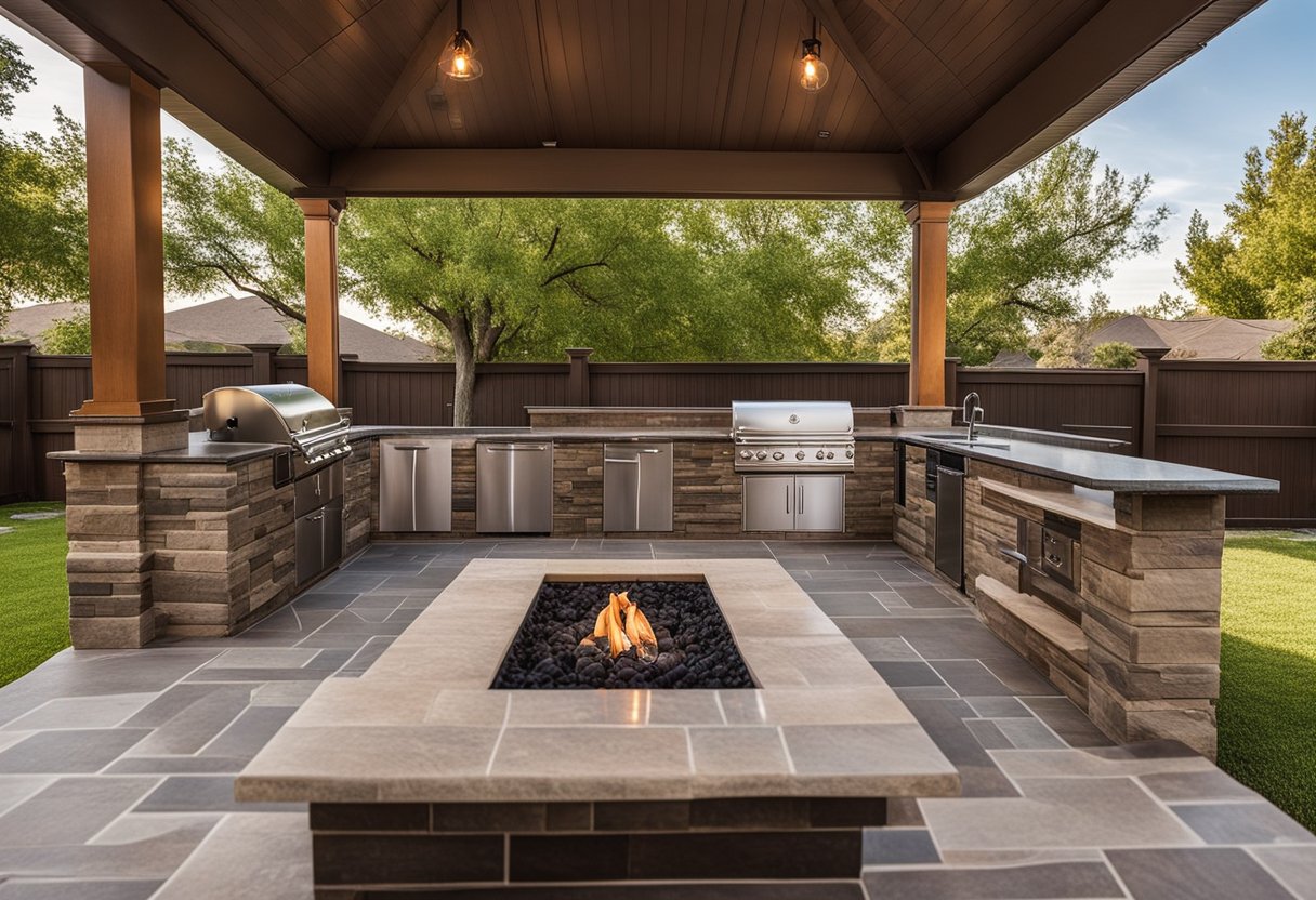 An outdoor kitchen in Dallas, TX covered with a durable, weatherproof material to protect against winter elements. A fire pit and cozy seating area nearby