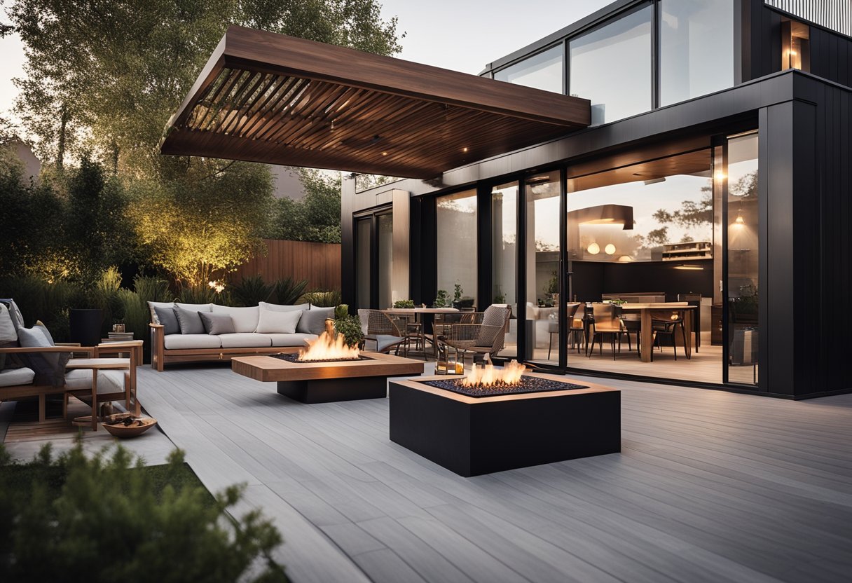 Sleek backyard with spacious deck, cozy fire pit, luxurious outdoor kitchen