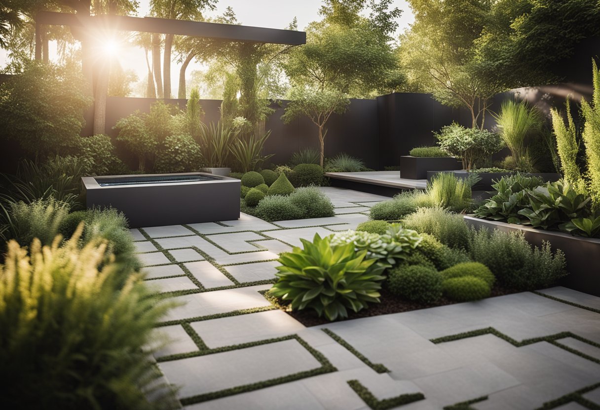 Tranquil backyard with lush, green low-maintenance plants, cozy seating area, and sleek water feature