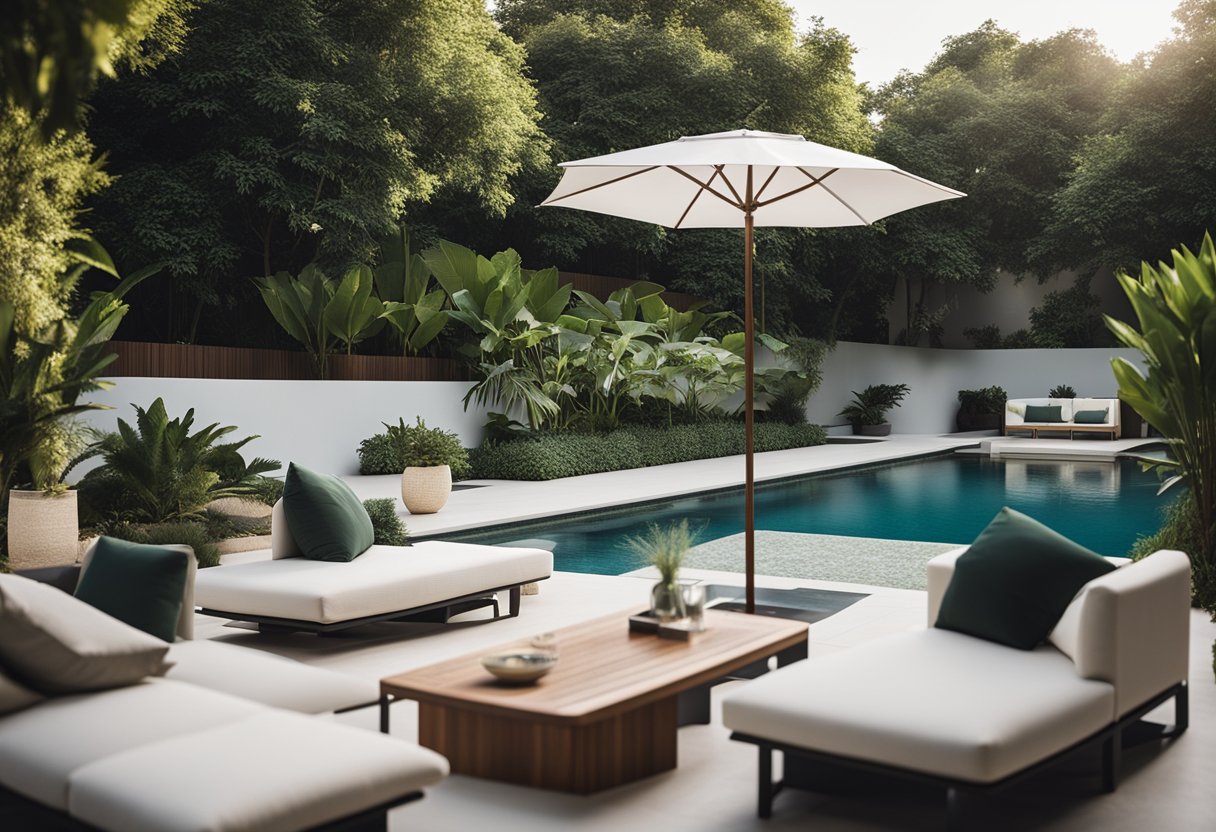 Sleek backyard with quality outdoor furniture, surrounded by lush greenery and a pristine pool