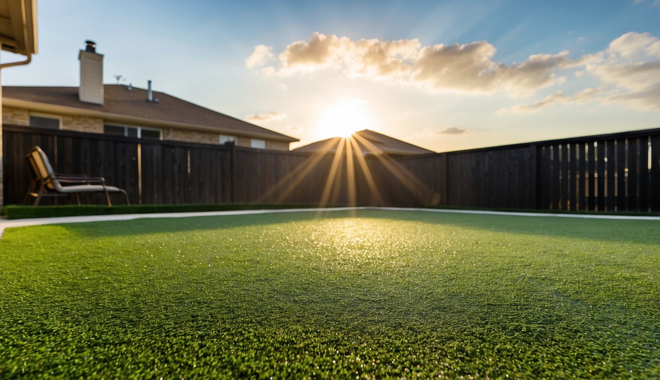 The sun beats down on a Dallas backyard, where artificial turf glistens in the heat, resistant to the scorching temperatures