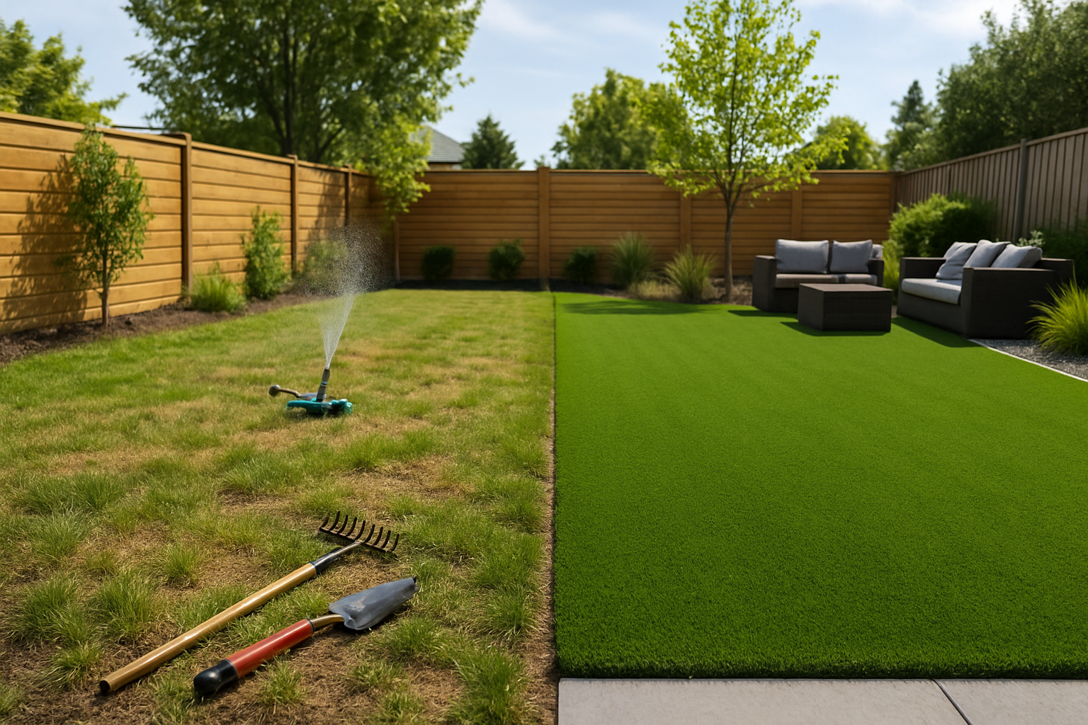 Split-view backyard comparison of natural sod and artificial turf in Dallas, TX, highlighting maintenance and curb appeal differences.