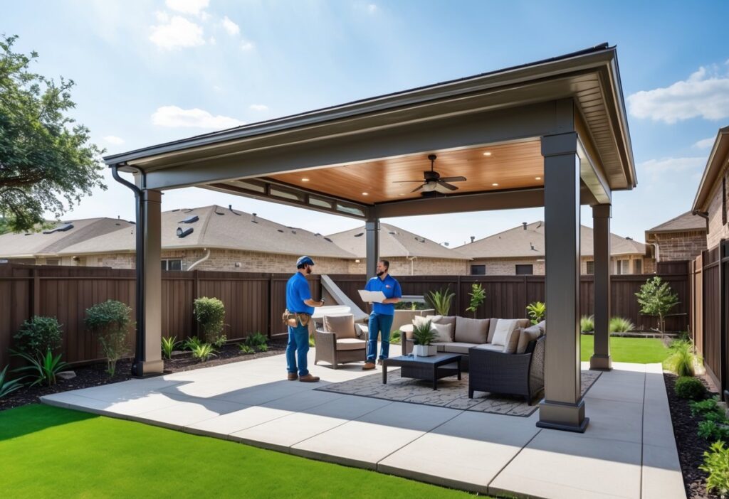 Patio cover installation in a Dallas backyard with a modern aluminum design offering shade over a comfortable seating area.