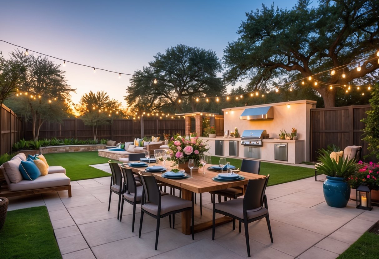 Modern Dallas backyard featuring an outdoor entertainment area with a patio, fire pit, and built-in grill, perfect for hosting family and friends.